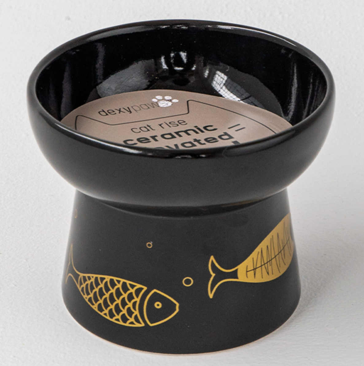 Dexypaws Cat Elevated Ceramic Bowl Black & Gold Fish