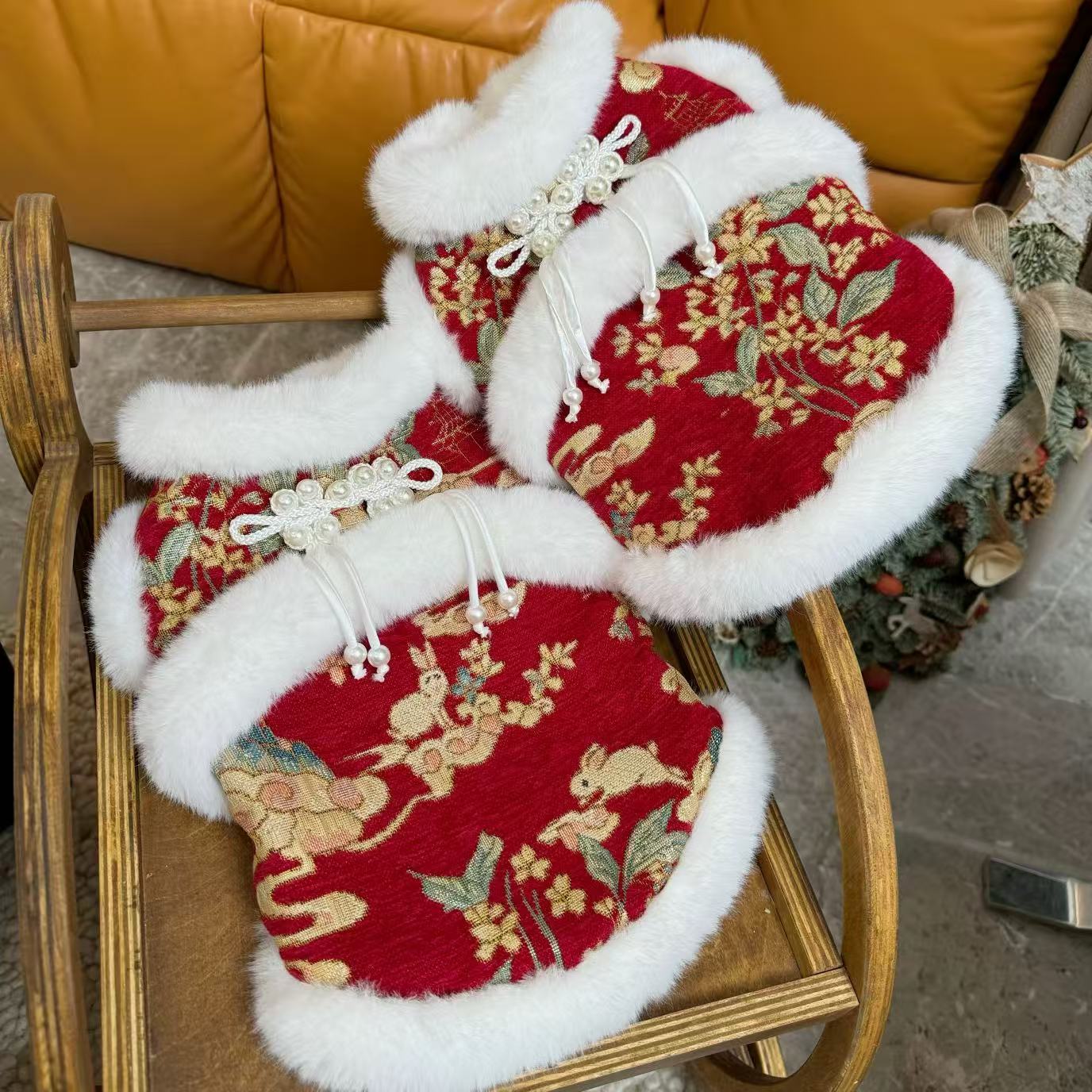 M Pet | Happy Newyear Red Floral Fur Dog Vest 010