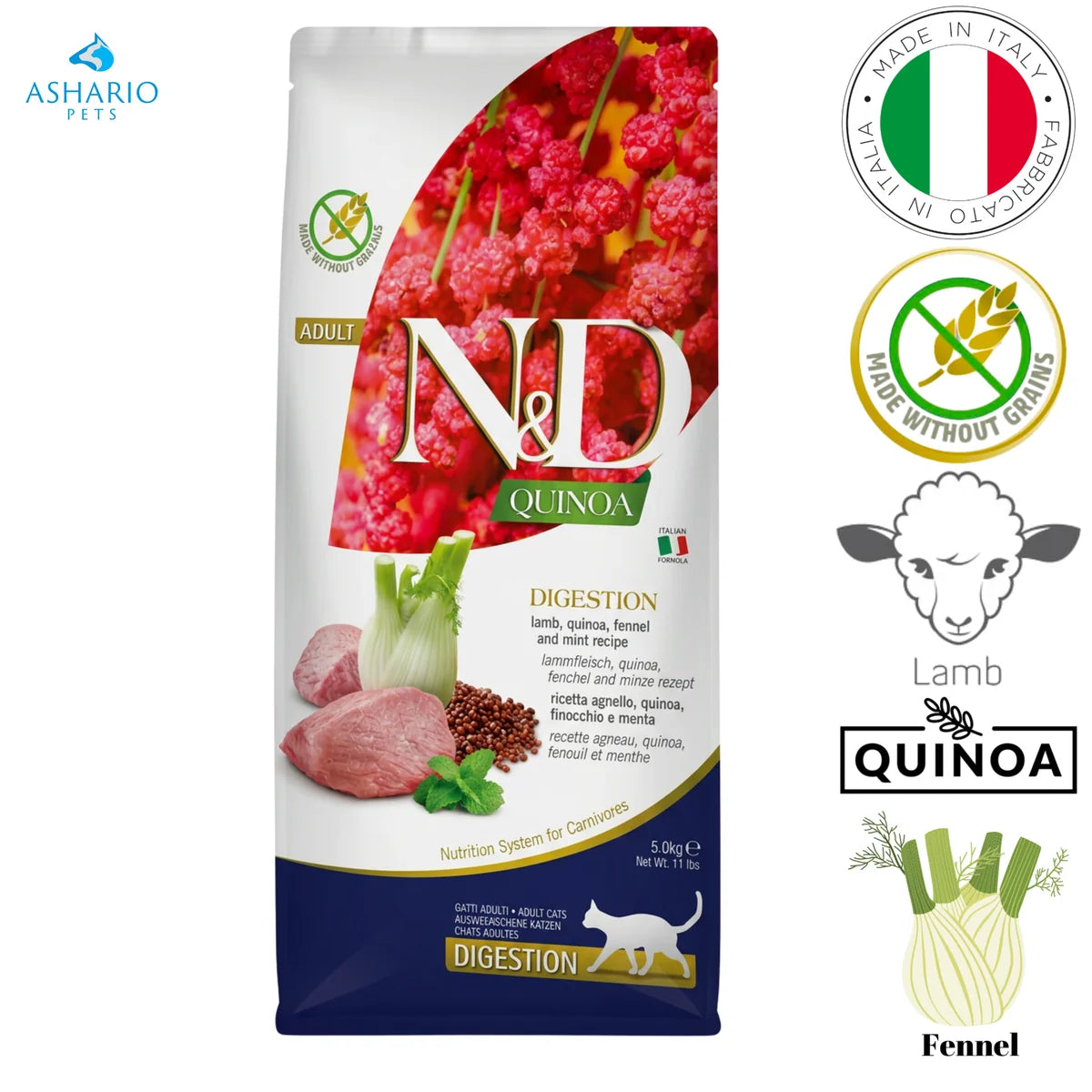 Farmina N&D Quinoa Digestion – Lamb, Quinoa, Fennel & Mint Adult Cat Food 5kg