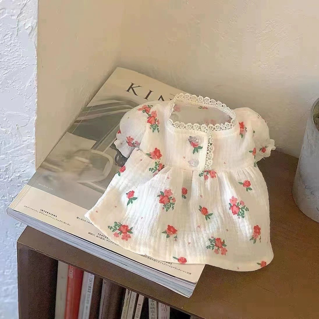 White Spring Dress with Red Floral Print