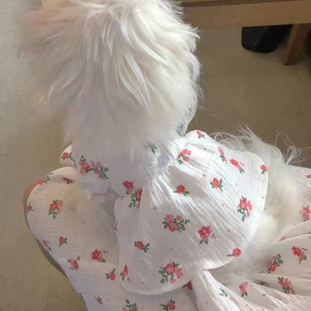 White Spring Dress with Red Floral Print