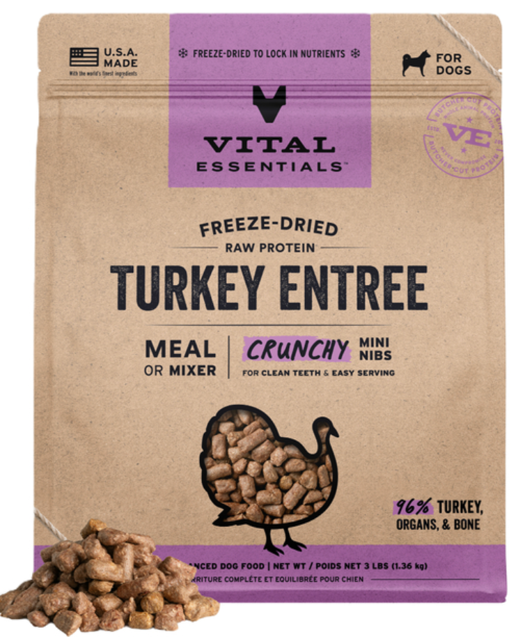 Vital Essentials Freeze-Dried Raw Turkey Entree Crunchy Mini Nibs Dog Food 3lb