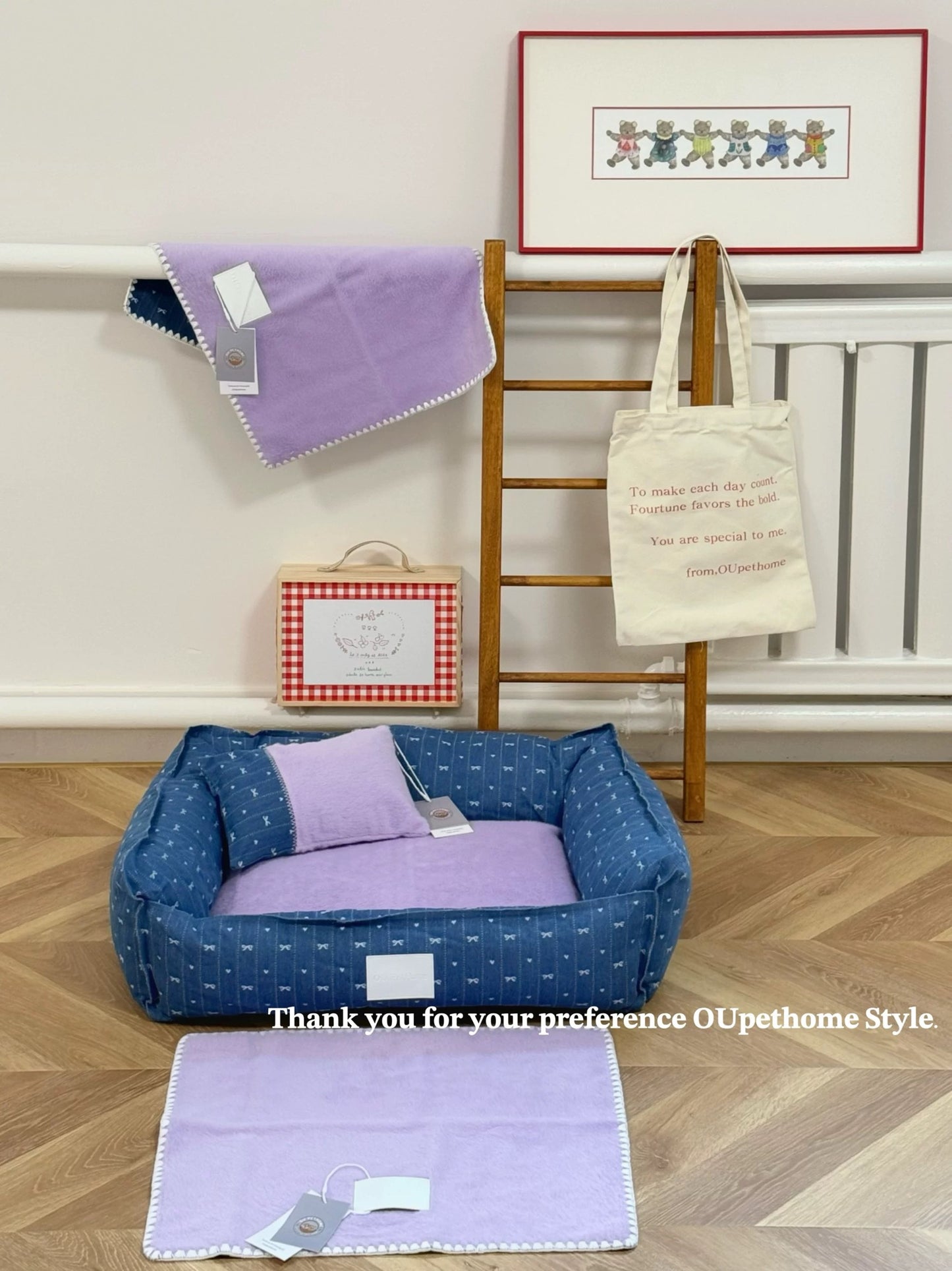 Ou Pet Blue Denim With Purple Fur Pet Bed
