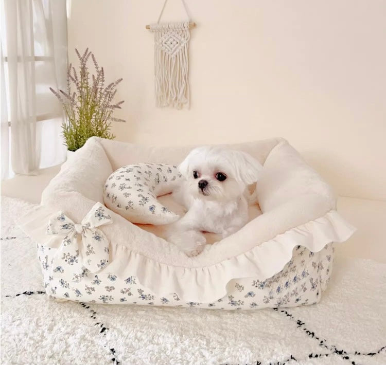 BAOLIZHEN Blue floral beige fur pet bed