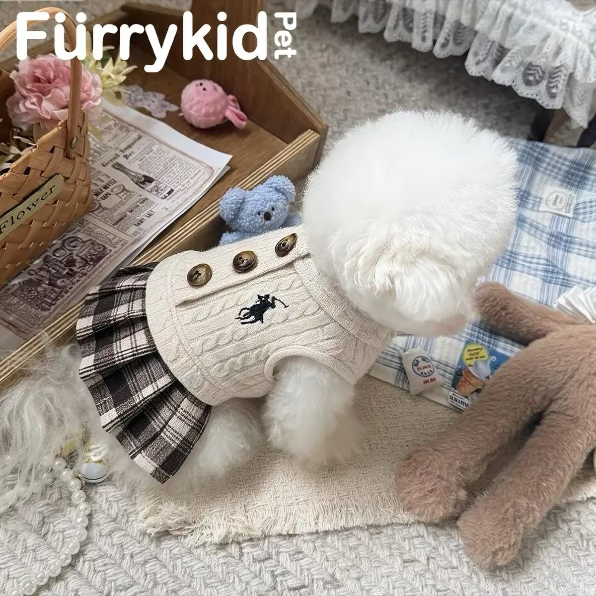 Fürrykid Vintage Cable Knit Plaid Dog Dress