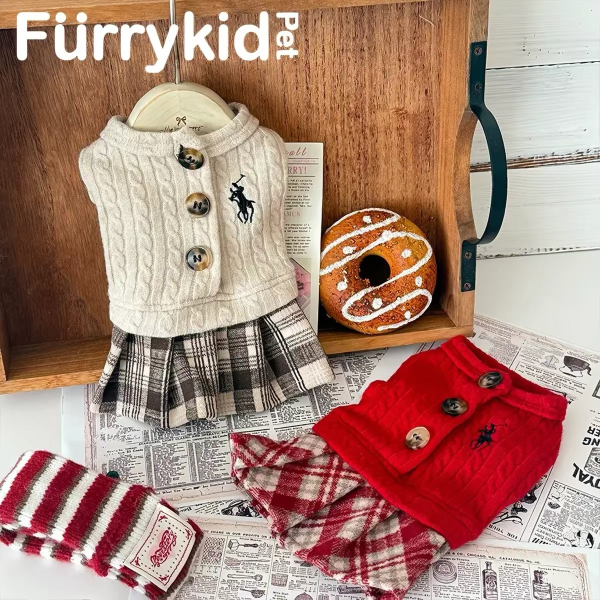 Fürrykid Vintage Cable Knit Plaid Dog Dress